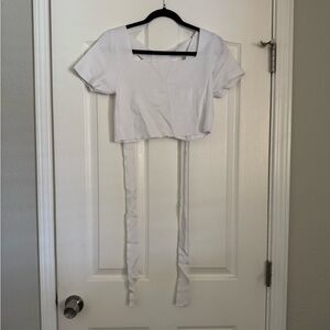 White Short Sleeve Square Neck Tie-Front Crop Top